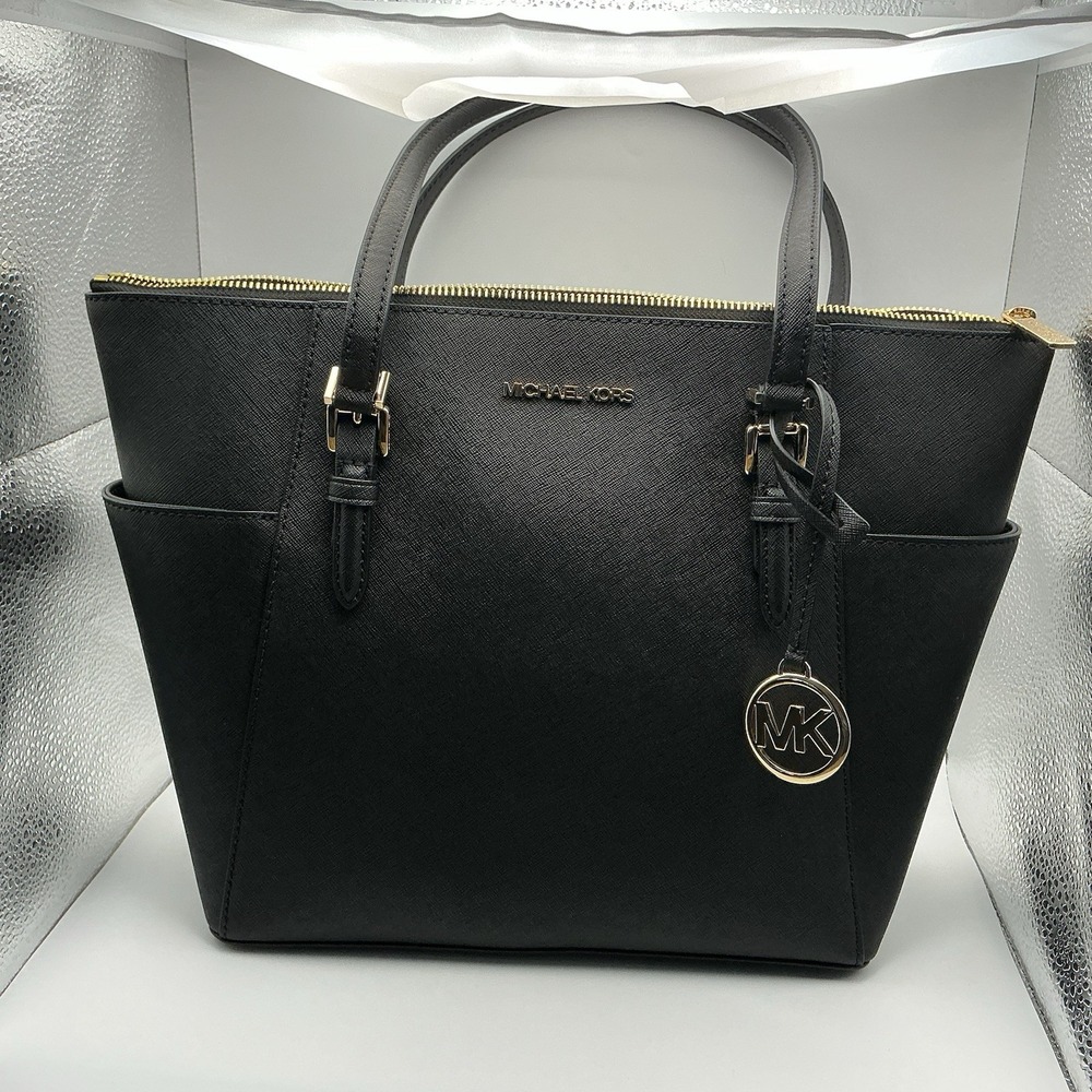 Michael Kors Charlotte Large TZ Tote Black Leather Shoulder Bag Gold NWT